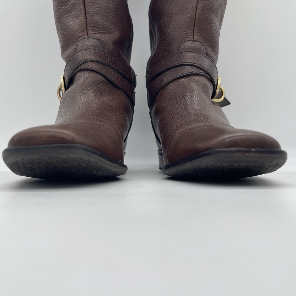Talbots Womens 7AA Riding Boots Tall Brown Pebbled Leather Gold Buckle Full Zip - Picture 10 of 16